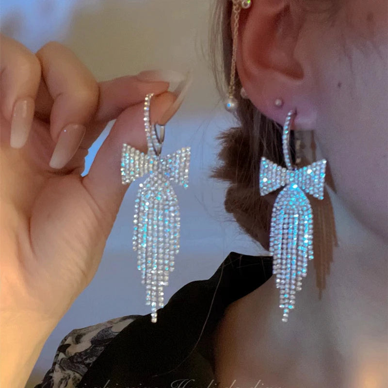 Rhinestone Bow Tassel Earrings