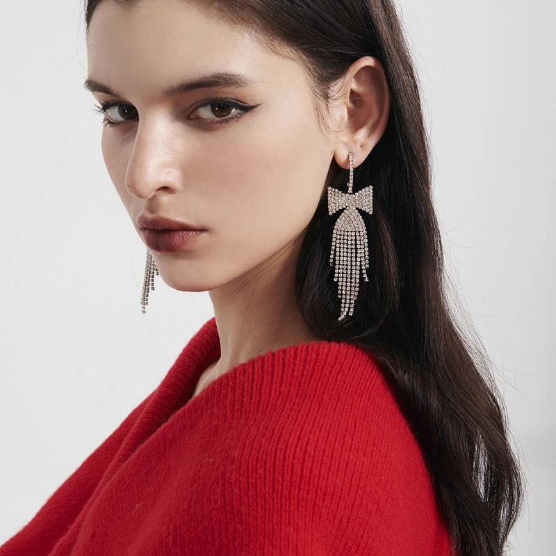 Rhinestone Bow Tassel Earrings