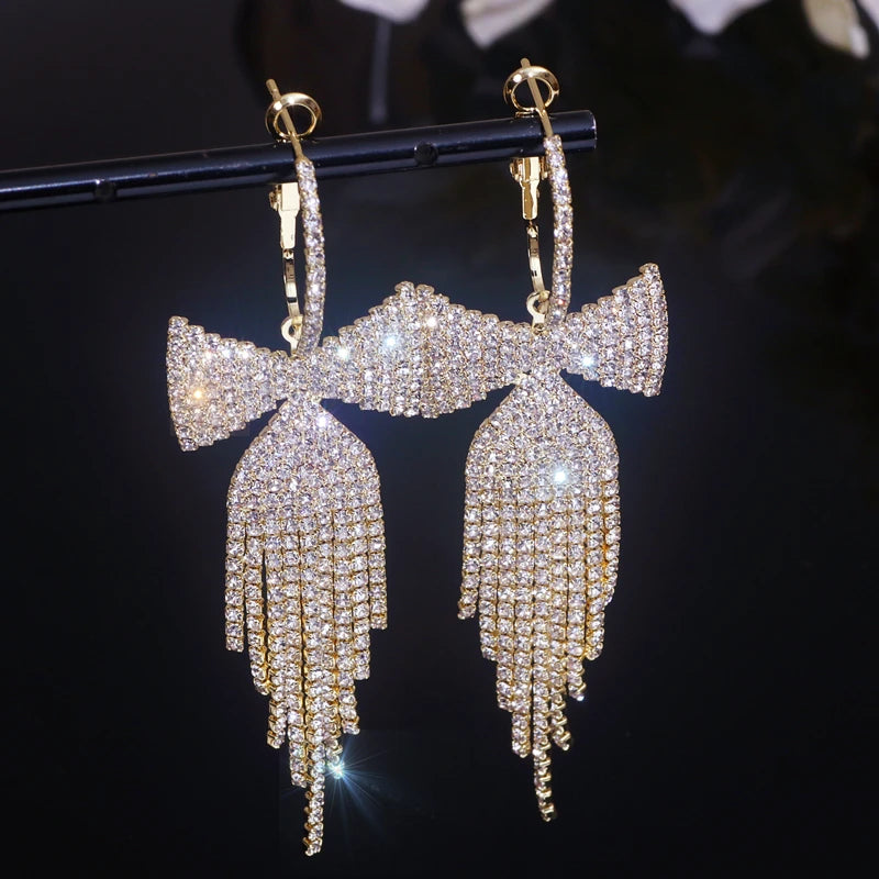 Rhinestone Bow Tassel Earrings