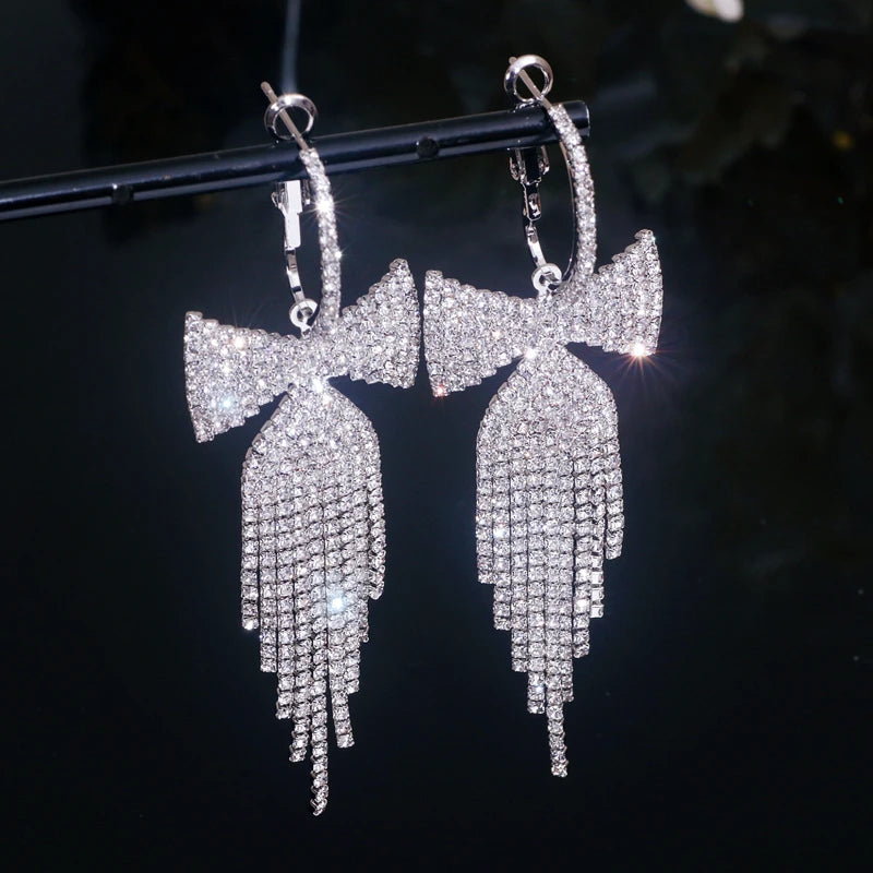 Rhinestone Bow Tassel Earrings