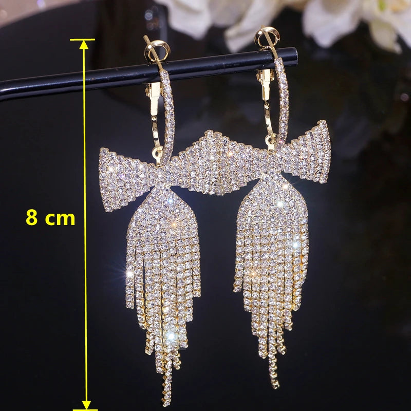 Rhinestone Bow Tassel Earrings